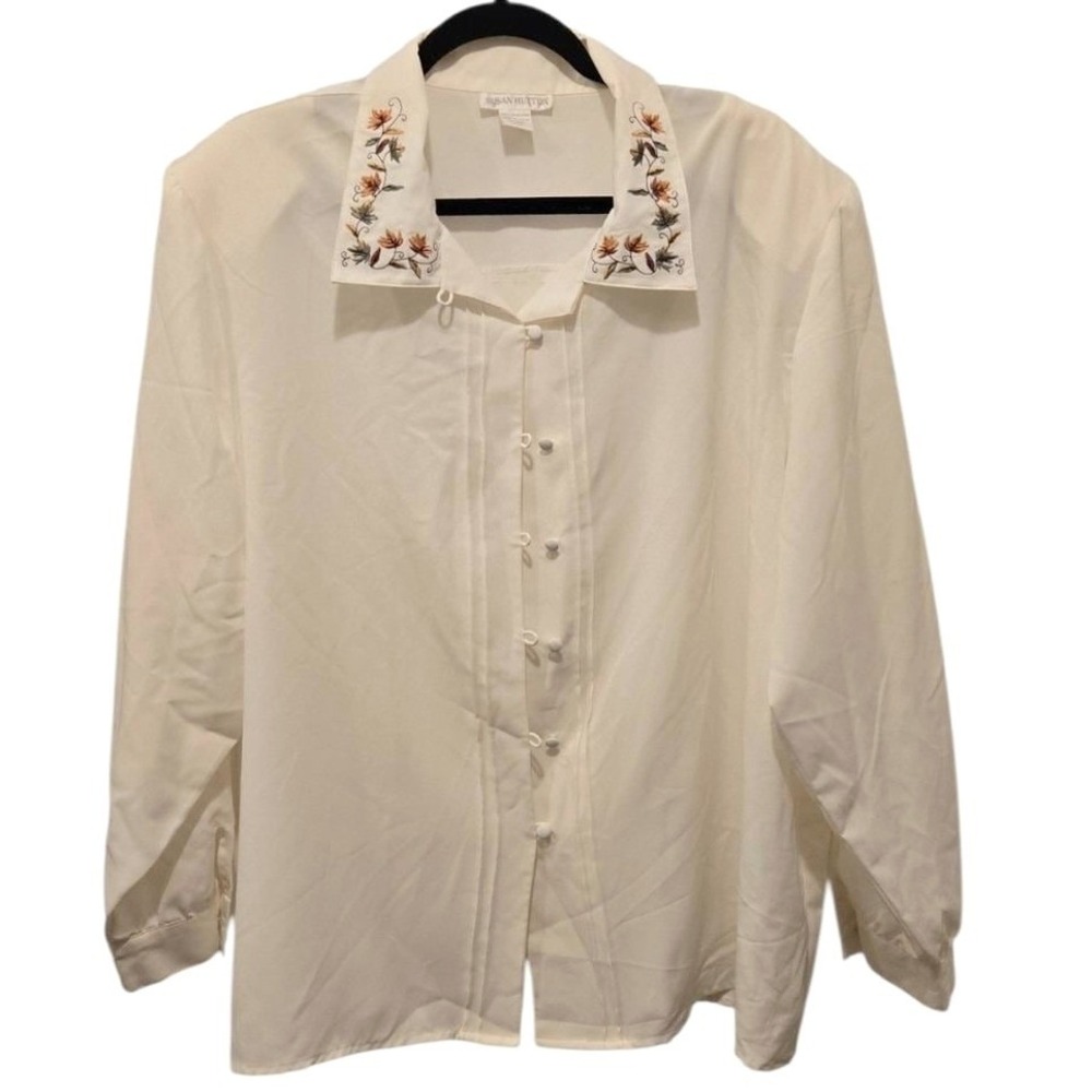 Vintage 80s Autumn Embroidered Blouse Cream 4X Plus Size Boho Cottagecore Fall